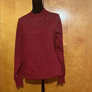 Nanette Lepore Large Wine Red Crewneck Sweater with Crystal Accents